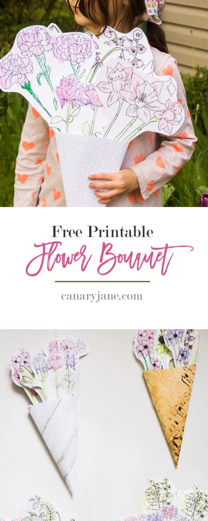 Going along with these floral Mothers Day coloring pages here, I have created a fun craft where you make your own printable flower bouquet for Mothers Day. Read on to see how to make it and to get the free printable files.