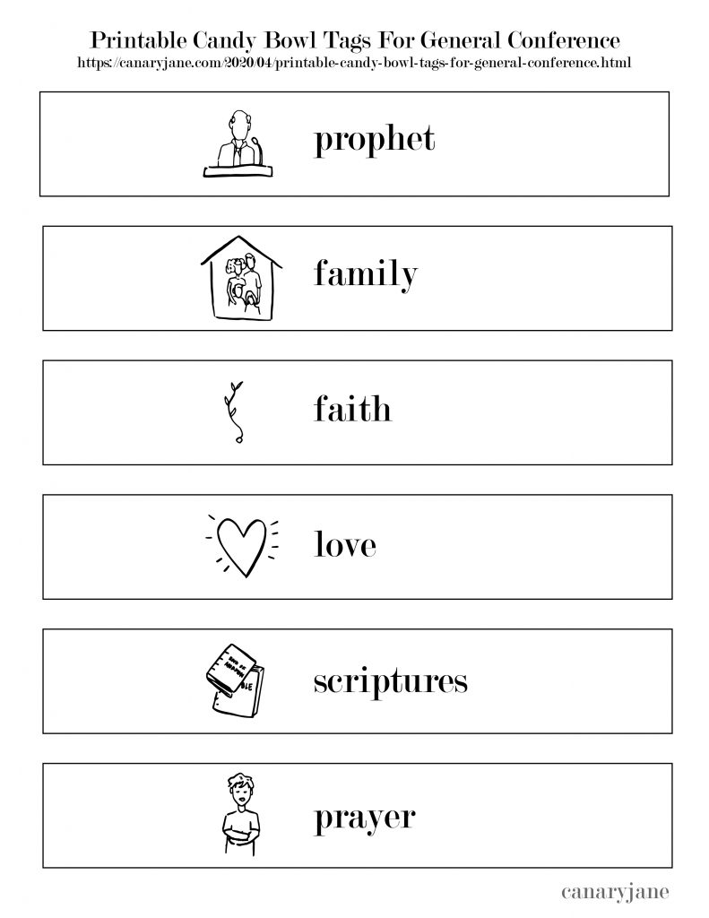 For all my LDS friends watching General Conference I wanted to share my free printable candy and treat bowl tags. These have helped my kids pay attention to the words spoken. GRab these free printable candy bowl tags for lds general conference.