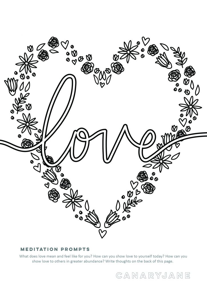 Print off these floral inspired peace, love, and unity coloring pages for free. Grab some color pencils, markers, or crayons for color and meditate. Each coloring page has some meditation prompts to ponder while you color. And then you can write what you meditated on the back. 