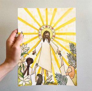 Jesus Christ, emanating light, visits women dressed in white in a garden.