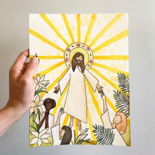 Jesus Christ, emanating light, visits women dressed in white in a garden.